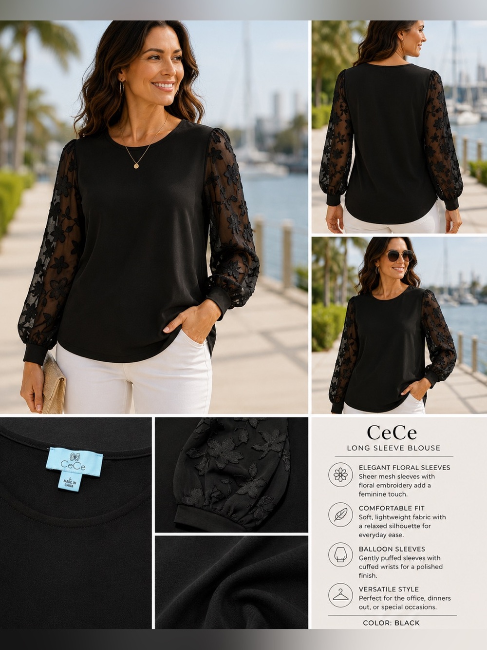 CeCe Black Floral Burnout Puff Sleeve Blouse Women’s Large Dressy Top Size L